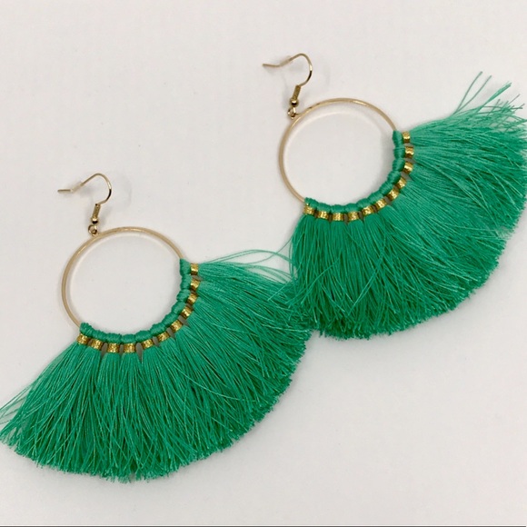 Lamai Fringe Tassel Fan Earrings in Jade Color - Picture 4 of 5